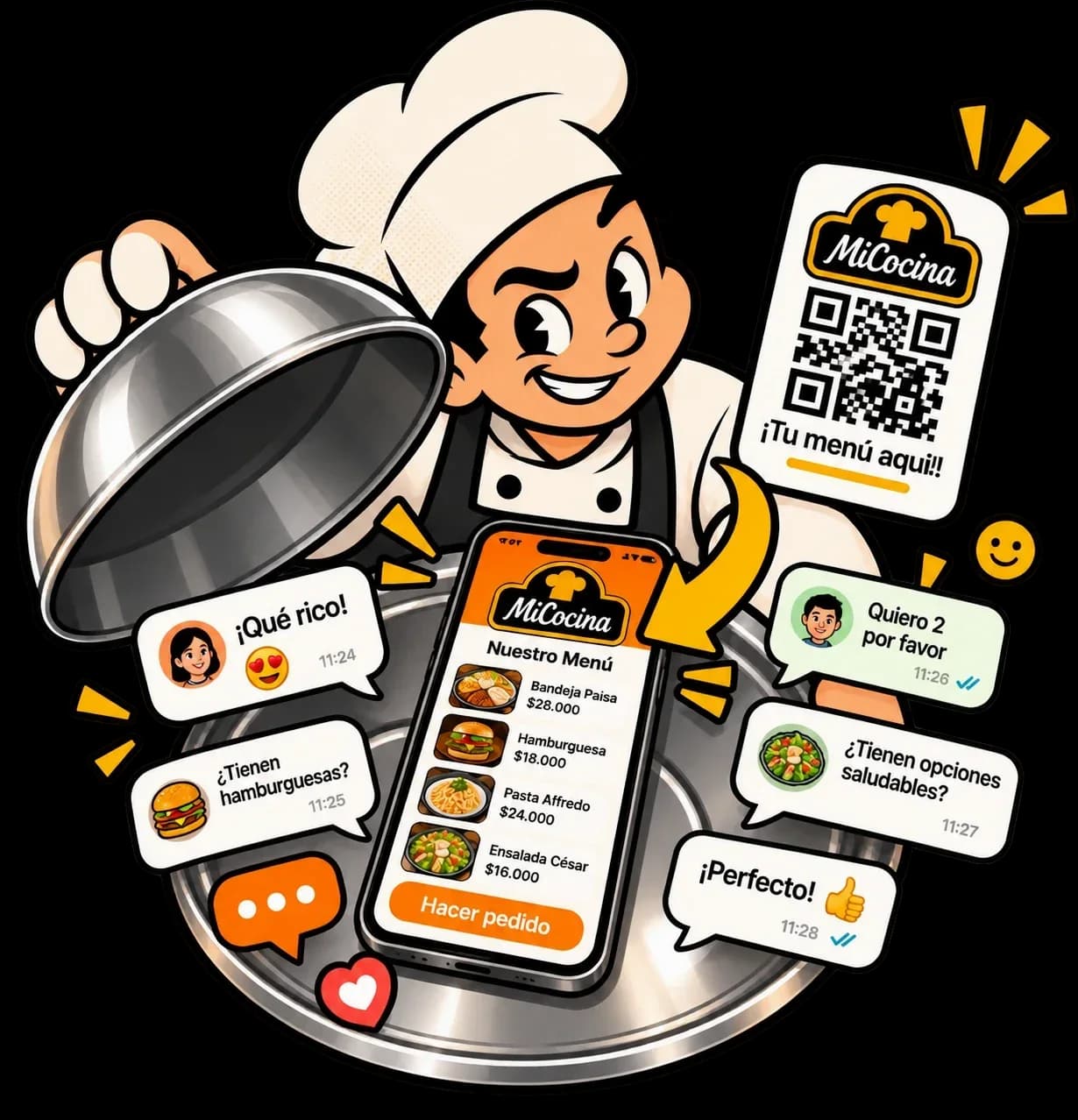 Chef de un restaurante mostrando el menú digital y el QR de su página, con clientes pidiendo por chat